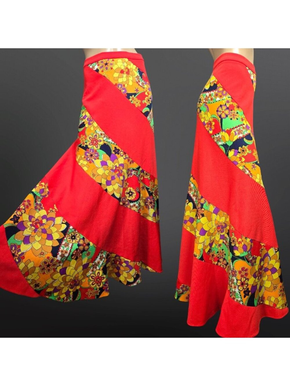 Vintage 70s Psychedelic Patchwork Maxi Skirt Size S Groovy Floral Bright Orange